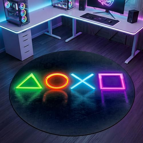 CARPETIA Alfombra Redonda XXL Gaming Room Antideslizante Motivo neón Plana fácil Cuidado Resistente Sala de Estar Zona Gamer Duradero Look Elegante en Colores Negro y neón 200 cm