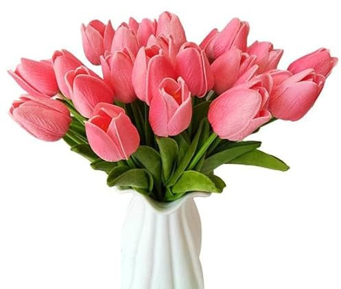 Souvik 12 Tulipes Artificielles en PU Rose Tulipe Réaliste au Toucher pour Bouquet de Fleurs Mariage Fête Décoration Maison et Arrangement Floral