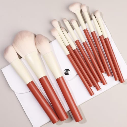 Nvzi Makeupborstset 12 st premium syntetiska foundation pulver concealers ögonskuggor rodna röda sminkborstar med vit förvaringsväska