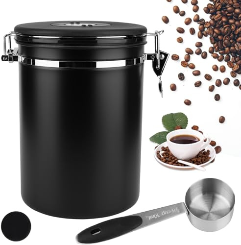 BTBHIHO 2,8 L Kaffeebohnen- Luftdicht Kaffeedose,Vakuum-Kaffe Edose,Versiegeltes Edelstahl-Kaffee-Vorratsglas mit Co2-Ventil,Messlöffel & Datumsanzeige für Tee Nüsse Kakao Länger und Frisch Bleiben