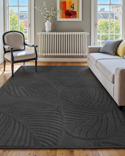 DEFYNEE Washable Rugs Living Room Large 152x213cm, Modern Short Pile, High-Low Texture, Soft, Shedding-Resistant, Non-Slip Rug for Bedroom, Office, Dining Room – Dark Grey