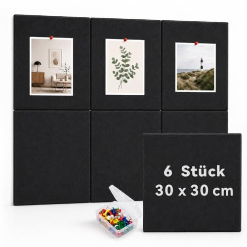 BravoForge Groß Pinnwand Filz, 6 Stück 30 x 30 cm Schwarze Filzwand mit 30 Stecknadeln und 36 Sichere Abnehmbaren Klebetabs, Korkwand-Alternativen für Wand, Haus, Büro, Schule, Fotos Memos （Schwarze）
