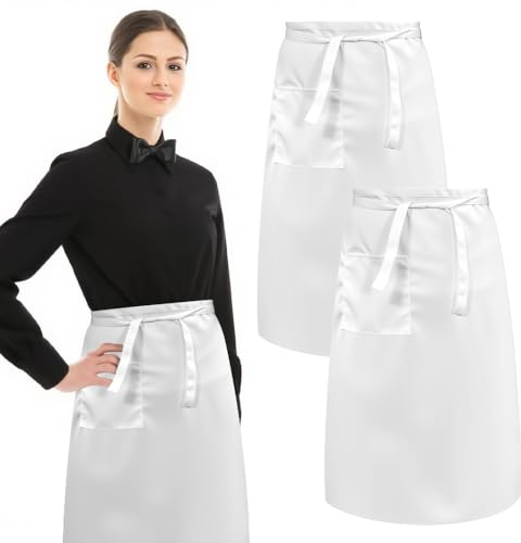 Favengo 2PCS Delantales de Cintura Medio, Delantal Camarero con Bolsillo, Mandiles de Cocina con Bolsillo, Delantales de Cocina para Mujeres y Hombres, Mandiles Camareros para Cocinar,Hornear Blanco