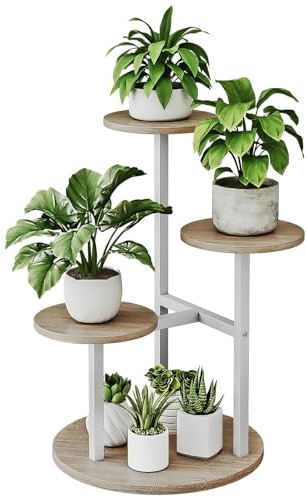 Dazioter Pflanzenständer für den Innenbereich 4 Ebenen mehrere Blumentopfhalter Blumenständer für Terrasse Garten Balkon Wohnzimmer Ecke (Weiß + Sonoma Oa, 4-stufig)