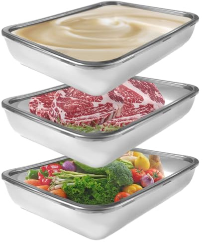 Xyvor 3 Piezas Recipiente de Almacenamiento de Carne 25.5x20x5 cm, Cajas de Acero Inoxidable para Alimentos, Cajas Fresqueras con Tapa, Organizador Frigorifico, para Guardar Salchichas, Queso