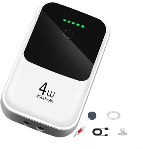 HEIBTENY Wiederaufladbare Aquarium-Luftpumpe mit Lithium-Batterie, einstellbarer Sauerstoffzufuhrmodus, wasserdichtes Design für Aquarium-Eimer (4000 mAh)