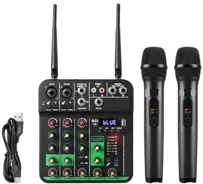Audio Mixer 4 Channel With 2 Wireless Microphone Soundcard USB Delay Repaeat Effect Sound Mixing Console PC Recording
