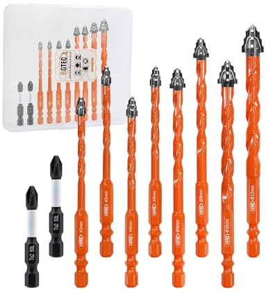 BGTEC Juego de Brocas de Carburo de Tungsteno - 10 Piezas Ø 5-12 mm Brocas Porcelanico con Punta PH2 para Madera, Plástico, Ladrillo, Cerámica, Vidrio, Hormigón y Mármol