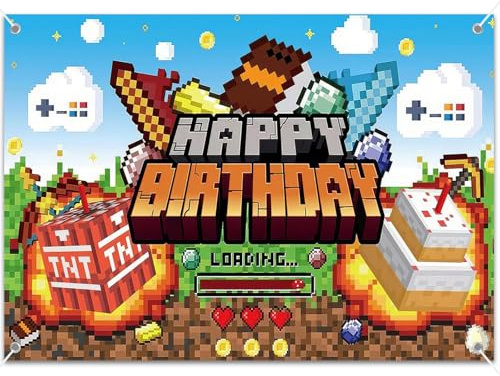 Pixel Birthday Decorations, 6x4 ft Retro Birthday Party Decorations Banner, Polyester Party Theme Backdrop, 180x120cm Hanging Background