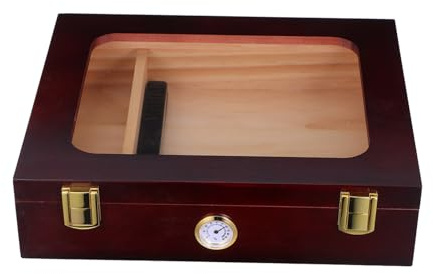 HONITANO Humidor de Madera con Humidificador y Higrómetro Incorporados, Caja de Cigarrillos con Ventana de Vidrio Transparente, Tapa Abatible, Tamaño Mediano, para Almacenamiento y Viaje,