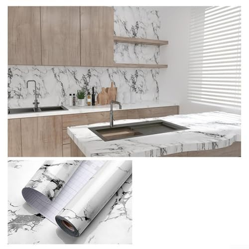 Gdfnmogo Rollo de papel tapiz decorativo de mármol impermeable y a prueba de aceite para cocina y baño, revestimiento de pared de PET, 60 (grano de piedra blanca)