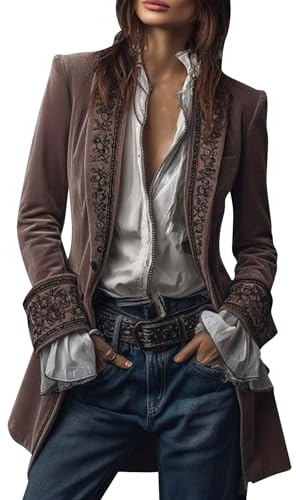 Velvet Jackets for Women Baggy Long Sleeve V Neck Embroidered Coats Fashion Elegant Patchwork Printed Edge Velour Outerwear Casual Comfortable Steampunk Clothing for Party Rose Gold