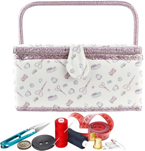 Vintage-Nähkorb-Organizer – Aufbewahrung Mit Großem Fassungsvermögen Und Griff | Abnehmbarer Tablett-Bastelhalter Mit Mehreren Fächern Für Fadennadeln, Quilten, Häkeln, Bedrucktes Design Für Anfänger,