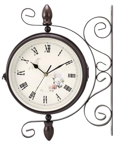 VeftBltrem Bahnhofsuhr doppelseitig für Garten, Zug, Wanduhr Vintage, Zweiseitige Wanduhr Schwarz Eisen Retro Wanduhr Zahlen Wanduhr, Retro-Station, zweiseitig, leicht lesbar für die Innendekoration