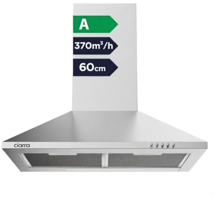 CIARRA Hottes Aspirantes 60cm 370m³/h Class A- Evacuation ou Recyclage -Filtre Charbon NON INCLUS - 3 Niveaux de Vitesse - Hotte Murale - Inox