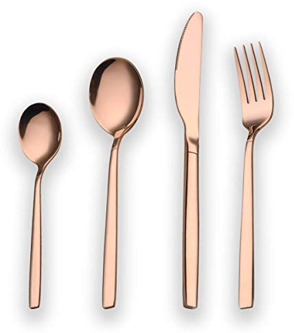 Berglander 24 Piece Titanium Rose Gold Plated Stainless Steel Cutlery Set, 24 Pieces Copper Flatware Set, Copper Color Silverware Set Cutlery Sets, Service for 6 (Shiny Copper)