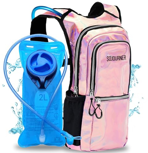 SOJOURNER Rave Hydration Pack Backpack - 2L Water Bladder Included for Festivals, Raves, Hiking, Biking, Climbing, Running and More (Medium) (Holographic - Pink)