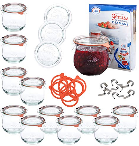 MamboCat 12er WECK-Einkochset | 12 Tulpengläser 370 ml + 12 Glas-Deckel RR80 + 12 Einkochringe + 24 Einweck-Klammern + Rezeptheft | bauchiges Einmach-Glas | Einkoch-Zubehör