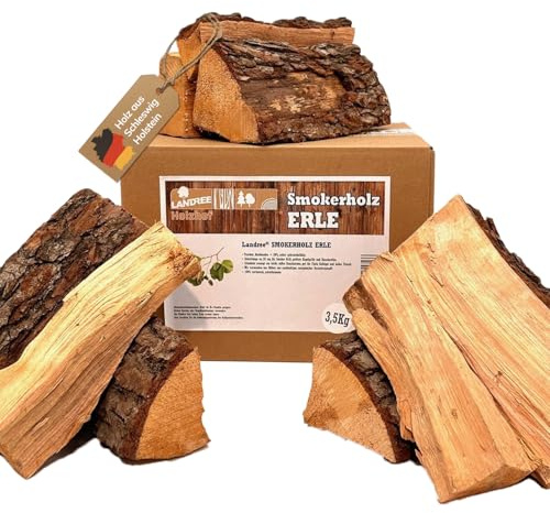 Landree Erle Smoker-Holz 3,5 kg - 20 cm Scheitlänge - Feines, sortenreines Räucherholz für delikates Aroma, Räucherholz für BBQ und Smoker, naturbelassen & trocken, Qualität aus Schleswig Holstein