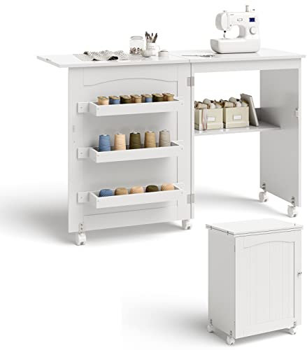 COSTWAY Mesa Maquina de Coser Plegable, 2 en 1 Mueble Maquina Coser con 3 Compartimientos, 1 Estante de Almacenamiento y 5 Ruedas Bloqueables, Mesa de Costura Que Ahorro de Espacio (Blanco)