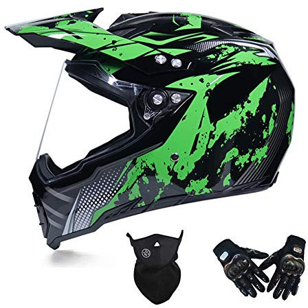 MRDEAR Casco Motocross con Guanti Face Mask - Nero e Verde/ Fodera Rimovibile - Casco Downhill Integrale Visiera Casco Moto Cross Adulto per Enduro MTB Offroad Scooter Sport,L