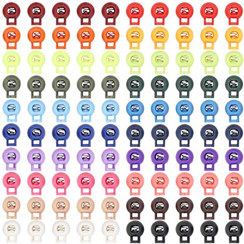 100Pcs Plastic Spring Cord Locks,Single Hole End Round Toggle Stoppers for Camping, Hiking, Sports, Backpacks,Shoelace Replacement 20 Colors