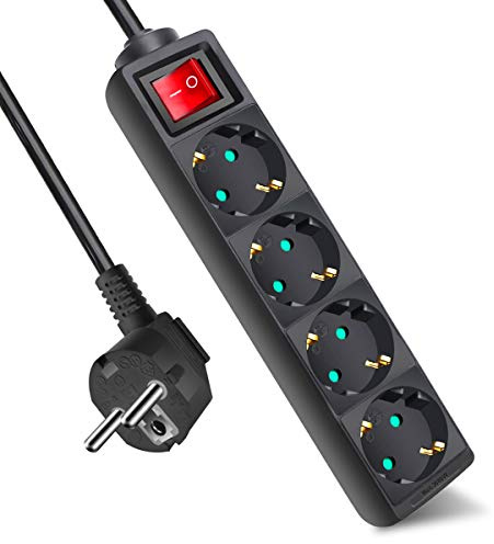 EXTRASTAR 4 Fach Steckdosenleiste mit Schalter & Kindersicherung, 3m Kabel | Mehrfachsteckdose mit Kindersicherung 3G1.5mm², 16A, 3680W, für Zuhause, Büro, Schwarz