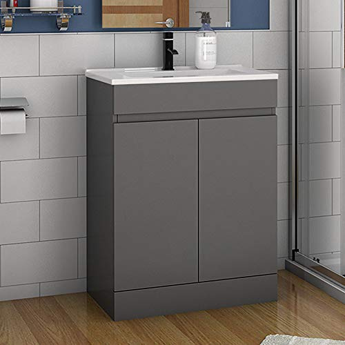 Aica Sanitär Badmöbel Set 60 cm Athem Keramik Waschbecken mit Unterschrank Waschtisch Standschrank Anthrazit