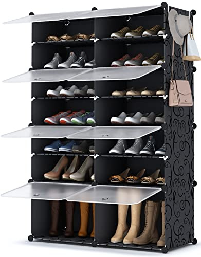 HOMIDEC Schuhregal, 7 Ebenen Schuhschrank für 28 Paar Schuhe und Stiefel | Schuhaufbewahrung mit Tür, DIY Schuhregale, Kunststoff Schuh Organizer, für Flur Schlafzimmer Eingang, Schwarz