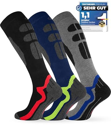 OCERA ADVENTURE Ski-Strümpfe für Damen & Herren, 3 Paar Thermo Kniestrümpfe mit Vollfrottee, Gepolstert, Warm - Blau-Rot-Grau Mix Gr. 39/42