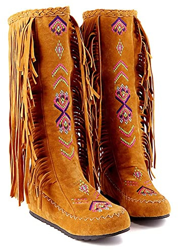Mid Calf Boots for Kvinnor Med Plattform Wedge Heel Suede Moccasins Broderade Fringed Knee High Boots (Color : Yellow, Size : 39 EU)