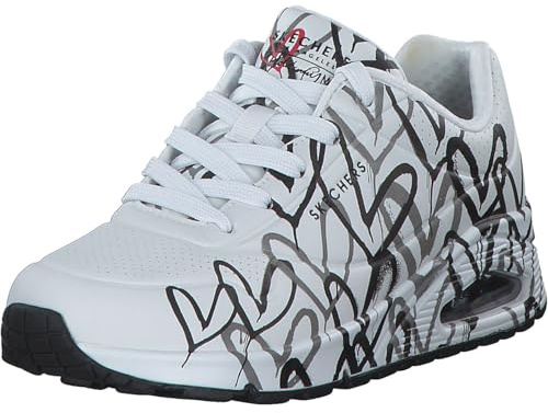 Skechers Women's UNO Spread The Love Sneaker, White W Black and Grey Heart Print Durabuck, 7 UK
