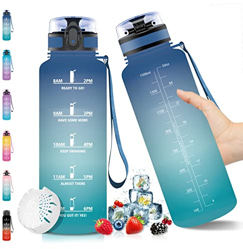 Vikaster Trinkflasche Groß, 1.5 Liter, Fitness Trinkflasche, BPA Frei Tritan, Trinkflaschen Zeitmarkierung, Wasserflasche mit Geschmack, Sportflasche für Camping, Outdoor, Yoga, Blau/Grün Farbverlauf