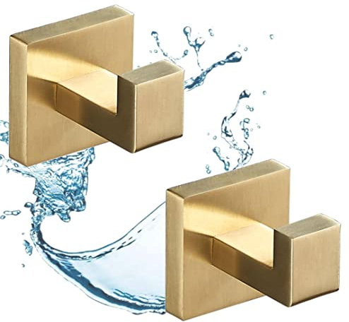 SHUNLI Handtuchhaken Wandhaken Kleiderhaken, Gebürstetes Gold Garderobenhaken Schwerlast Bademantelhaken für Bad&Küche, Wandhalterung/Edelstahl SUS304 Rostfrei (2 Stück)