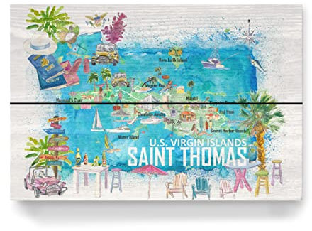 artboxONE Holzbild 30x20 cm Reise/Strand und Meer Saint Thomas Reisekarte von Künstler artshop77