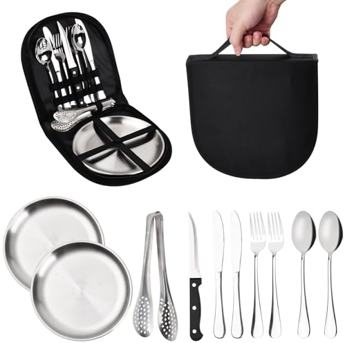 10 Stück Campingbesteckset aus Edelstahl Outdoor-Reisebesteck mit Gabeln, Löffeln, Messern, Tellern Tragbares Multifunktionales Besteckset für Outdoor-Reisen, Wandern, Camping