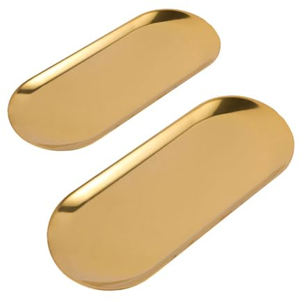 BOBOZHONG Plateau de Rangemen Doré,2 pcs Plateaux Ovales Dorés Plaque Plaque décorative Plateau en Acier Inoxydable pour cosmétiques,Stockage de Bijoux,Petits Objets,Bougies