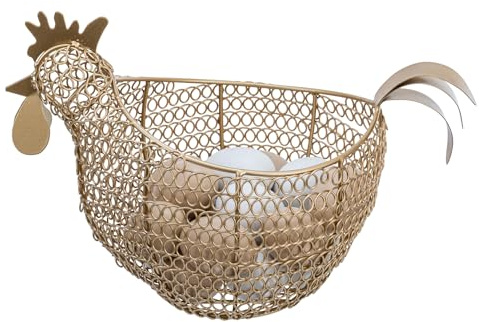 MyGift Vintage Brass Tone Metal Wire Fresh Egg Gathering Basket in Decorative Chicken Shaped Design, Farmhouse Easter Decor Egg Display Storage Basket for Counter
