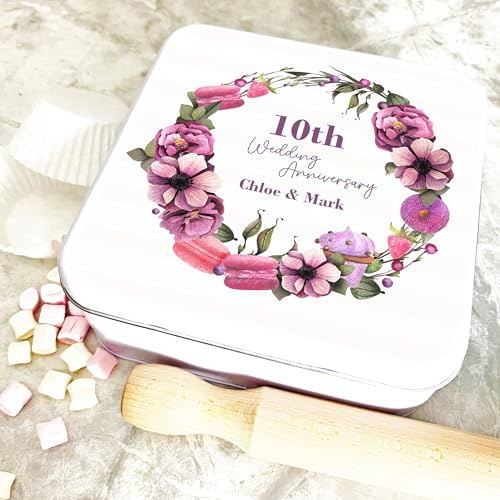 Square Pink Macarons Floral 10th Wedding Anniversary Personalised Cake Tin Personalised Gift | Custom Gift | Personalized Tin | Cake, Biscuit & Treat Tins | Gift For Her | Gift For Him