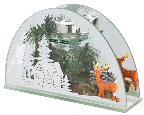 Dekoriertes Deko-Objekt aus Glas mit Hirsch Tannenzweigen Tannenbaum Kerzenhalter Weihnachtsdeko Dekoration Weihnachten Glas Geschenk Dekoobjekt Ornamente 3D Bild