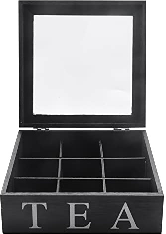 Frefgikty Boîte de rangement carrée en bois à 9 compartiments avec couvercle transparent pour sachets de thé - Noir