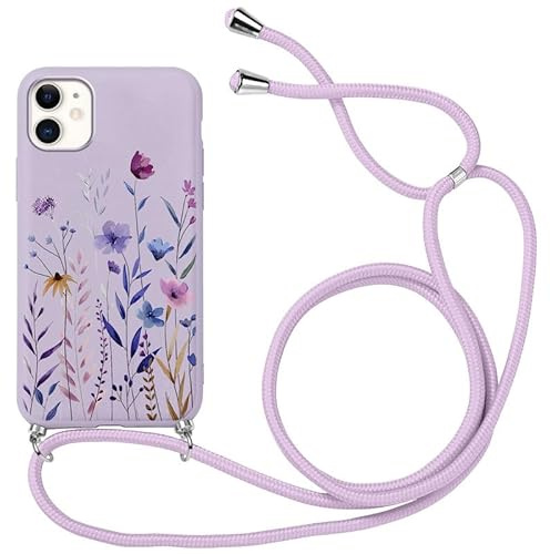 Xylota Coque Cordon pour iPhone 11 6,1, Étui Collier Réglable Tour de Cou Lanière Corde Case avec Aesthetic Motif Fleur, Mince Silicone Souple TPU Bumper Antichoc Lanyard Chaine Housse Cover, Violet