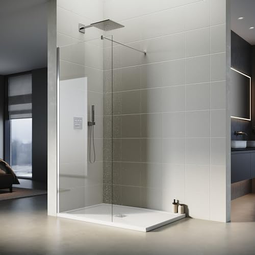 SONNI Duschwand Glas 120 x 200 cm Walk In Dusche-inklusive 120 x 80 cm Quadratische Duschtasse und Ablaufgarnitur-8 mm NANO Glas Duschtrennwand Glas