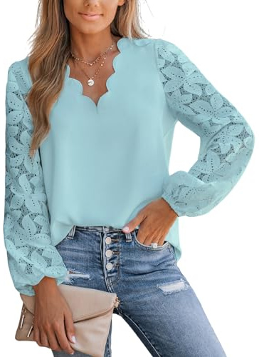 CUPSHE Women Blouse Floral Lace Scalloped Top Long Sleeve V Neck Elegance Shirt