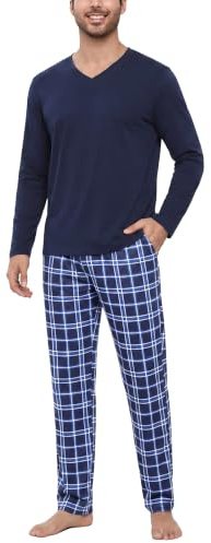 Bresdk Schlafanzug Herren Lang Zweiteiliger Baumwolle Pyjama V-Ausschnitt | Elegantes langärmeliges Pyjama-Oberteil mit modernem V-Ausschnitt für ein stets gepflegtes Erscheinungsbild zu Hause