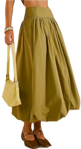 Owegvia Women's Balloon Long Skirts Elegant High Waist Solid Color A-Line Skirts Casual Flowy Skirts Coconut Girl Aesthetic (A- Green, XL)