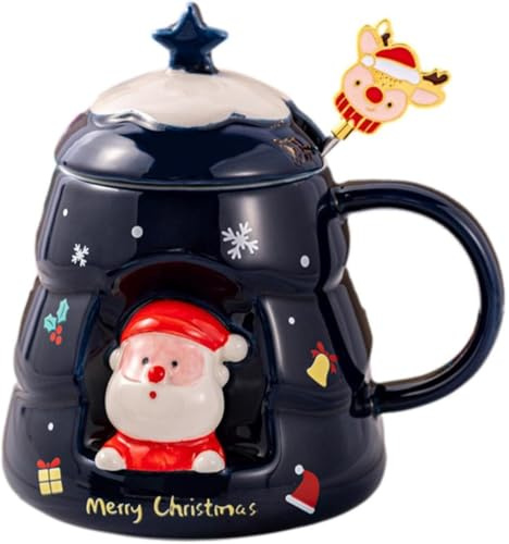 MAGICVOGEL Weihnachtstasse niedliche Keramiktasse 3D Cartoon Weihnachtsmann Elch Weihnachten Motiv 450ml Kaffeebecher mit Rührstab Geschenk für Frauen,Männer,Mädchen (Blau-3D-Weihnachtsmann)