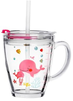Dvagoent 350ml Tasse Petit Dejeuner, Verre en Forme de Dessin Animé, Tasse à Lait, avec Couvercle, Paille, Brosse à Paille (Baleine)