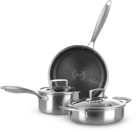 KASANOVA Batteria pentole Tri-ply, Set pentole e padelle in acciaio inox triplo strato, Pentole antiaderenti induzione e tutti i piani cottura, forno fino a 220 °C (5 pezzi)