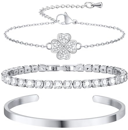 XUANPAI 3 st armband för kvinnor presenter till kvinnor vän – 18K karat förgylld blommig armband dam justerbar CZ amband set silver guld stapelbara armband jul födelsedagspresent, 19cm, Rostfritt stål